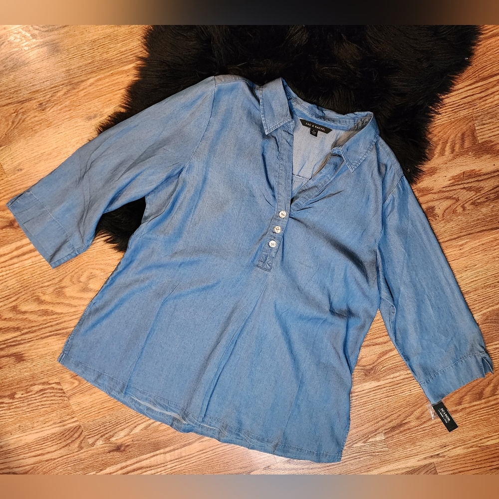 Zac & Rachel Blue Chambray V-Neck Henley Tunic Top Womens XL